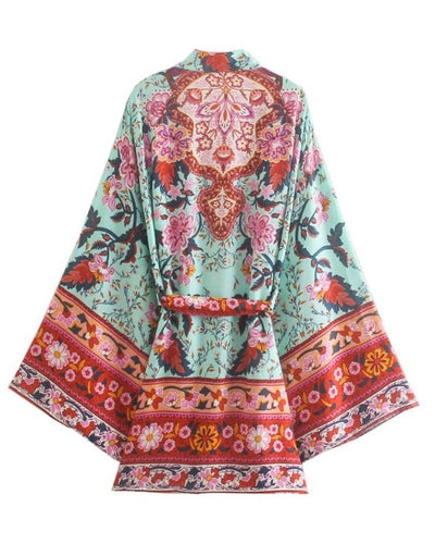 Kurzer Boho Hippie Kimono in tuerkis rot mit Blumen Muster