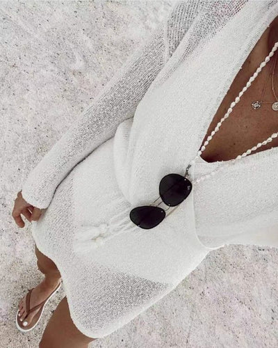 Feinstrick Boho Strand Sommerkleid in weiss -  Kurzes langarm Kleid in weiss