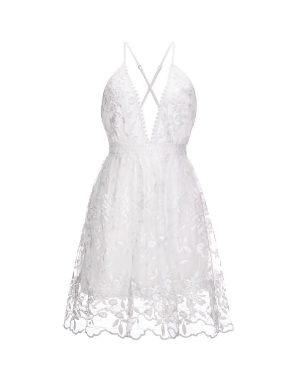 Weisses Mesh Blumen Kleid mit V-Ausschnitt 