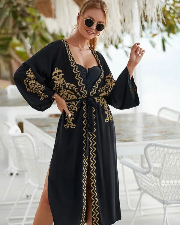 Boho Chic Kimono mit kariertem Zickzack Kragen und Designer Style Mustern - Boho Fashion Beach Kimono 