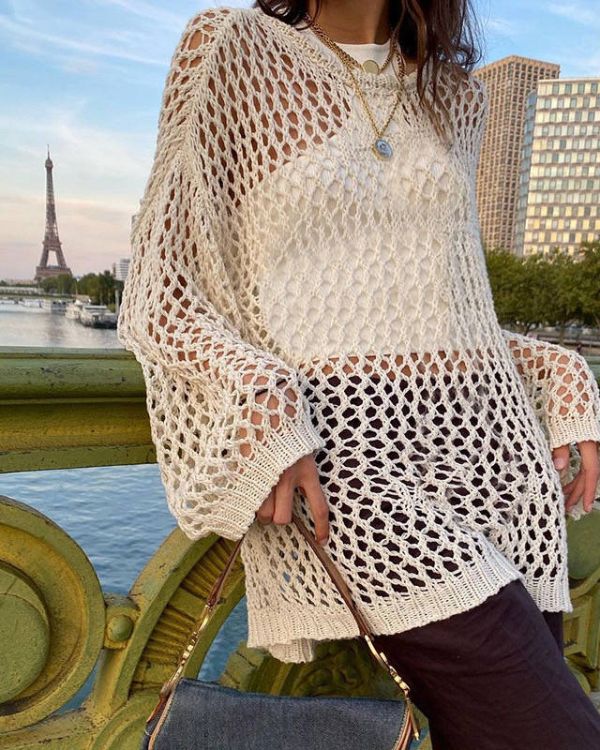 Langer Oversize Netzpullover Shirt mit grossen Netz Loechern - Knitted Strick Fashion Kleidung Schweiz