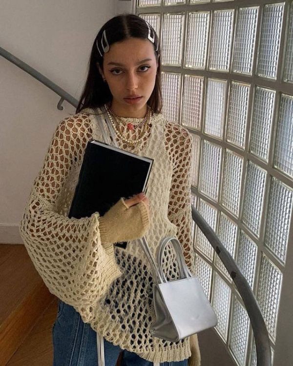 Weiss beige Netzpullover Shirt im Boho Hippie Look - Damen Netz Knitted Pullover online kaufen