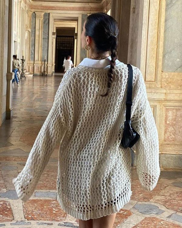 Lockerer Oversize Netzpullover mit rundem Kragen und langen Aermeln - Boho Netz Strick Knitted Pullover