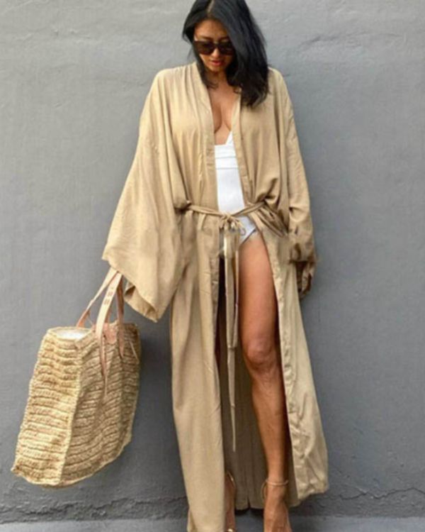 Lockerer Damen Kimono perfekt fuer an den Strand - Maxi Kimono in beige online bestellen