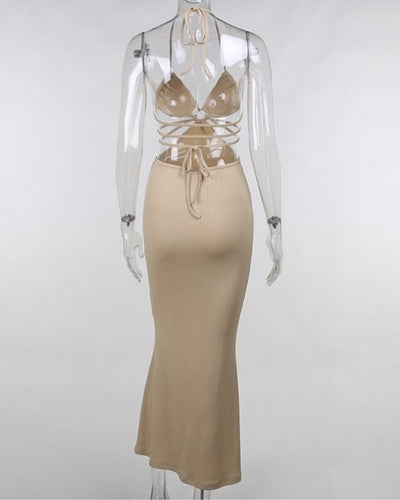 Langes Damen Sommerkleid Schulterfrei mit Neckholder und Traeger zum binden 