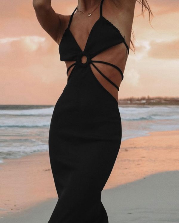 Schwarzes elegantes Damen Kleid zum binden mit Cut-Outs 