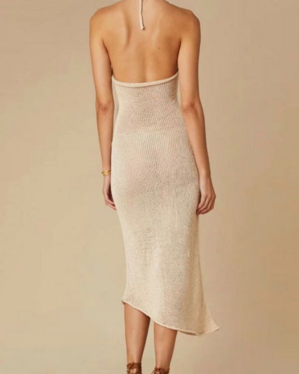 Elegantes asymmetrisches Feinstrick Damen Kleid bodenlang - Beiges Strick Kleid Schulterfrei 