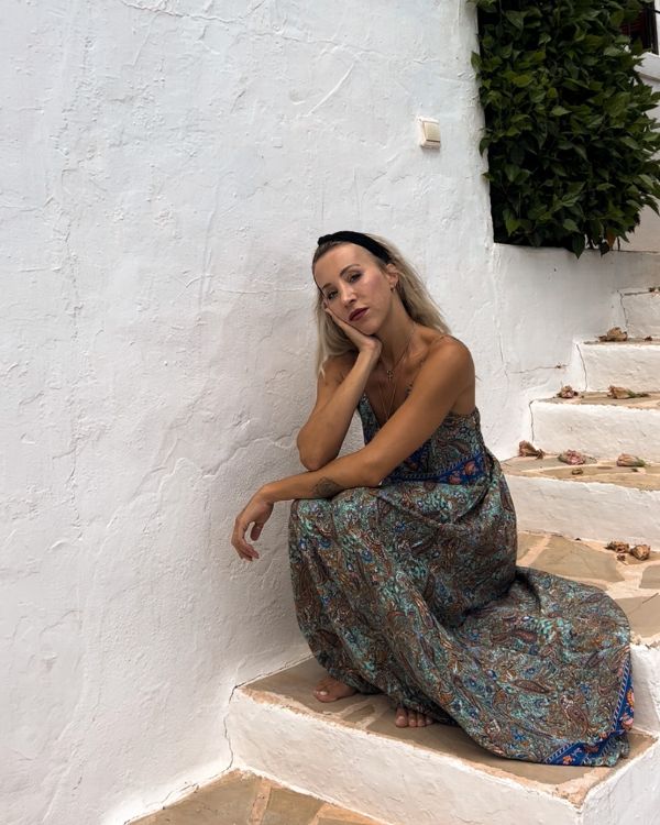 Tuerkis blaues Hippie Kleid Bodenlang mit Paisley Mustern