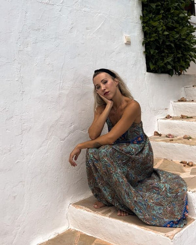 Tuerkis blaues Hippie Kleid Bodenlang mit Paisley Mustern