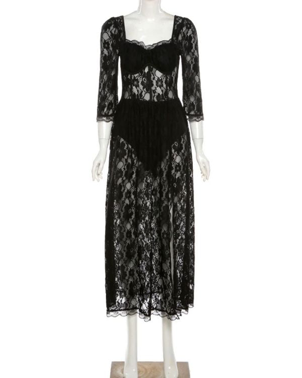 Damen Spitzen Kleid Schwarz mit Body unter dem Kleid 