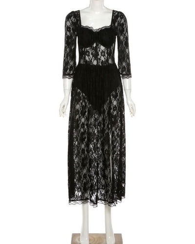 Damen Spitzen Kleid Schwarz mit Body unter dem Kleid 