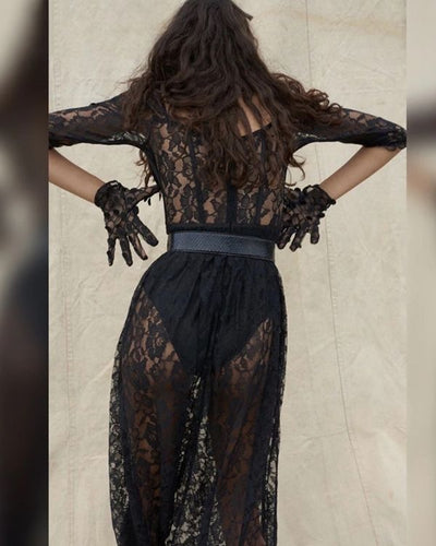 Schwarze Spitzen Damen Kleid lang mit Body unter dem Kleid