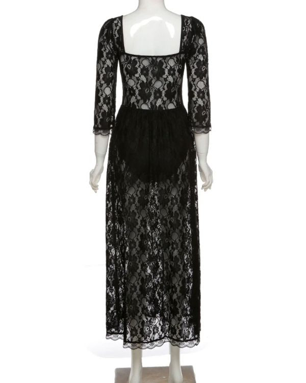 Langes Damen Spitzen Kleid Maxikleid mit langen Armen und elegantem Ausschnitt 