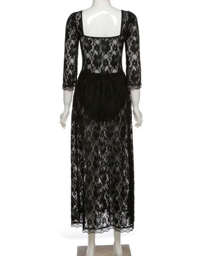 Langes Damen Spitzen Kleid Maxikleid mit langen Armen und elegantem Ausschnitt 