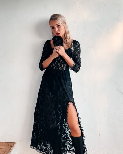 Langes Damen Spitzen Kleid transparent mit Body unter dem Kleid 