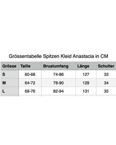 Groessentabelle vom Damen Spitzen Kleid in schwarz