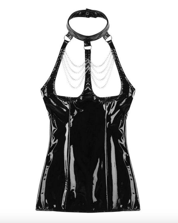 Mini schwarzes sexy Latex Kleid mit Ketten und Neckholder Choker - Fetisch BDSM Kleidung bestellen