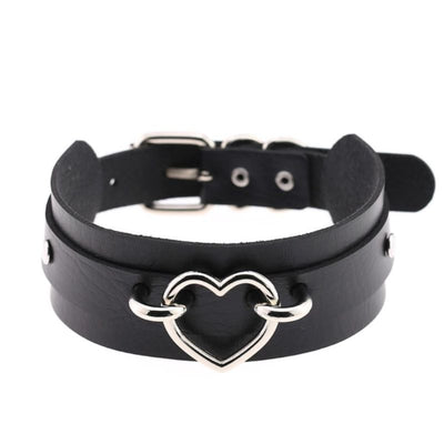 Schwarze Kunst Leder Choker Halskette mit Schnalle und silbernem Herz