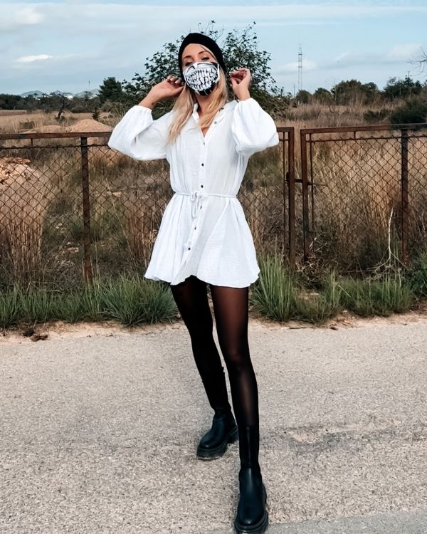 weisses Damen Leinen Kleid mit Knoepfen und Stoffgurt - Boho Kleider Damen Schweiz Fashion