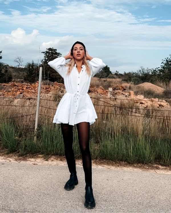 Halblanges weisses Damen Kleid aus Leinen Baumwolle mit Stoffgurt