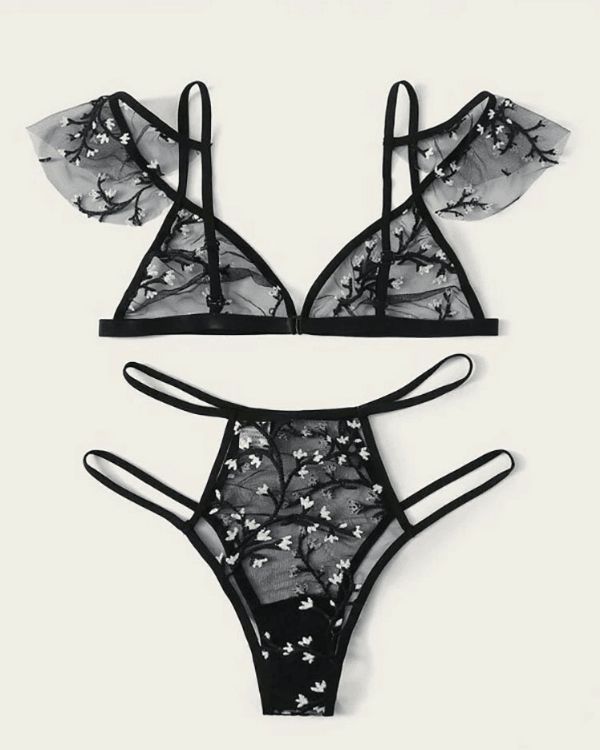 Lingerie Dessous Reizwäsche Bralette String mit Steifen - Mesh Blumen Stickerei