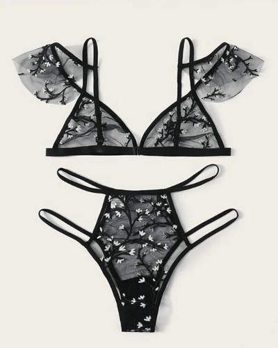 Lingerie Dessous Reizwäsche Bralette String mit Steifen - Mesh Blumen Stickerei
