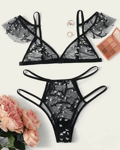 Schwarz transparentes Dessous Set mit Blumen Stickerei String Tanga High-Waisted und 