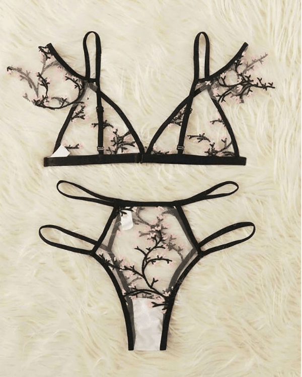 Transparente Dessous Lingerie Set mit Blumen Stickerei und verspielten Ärmeln 