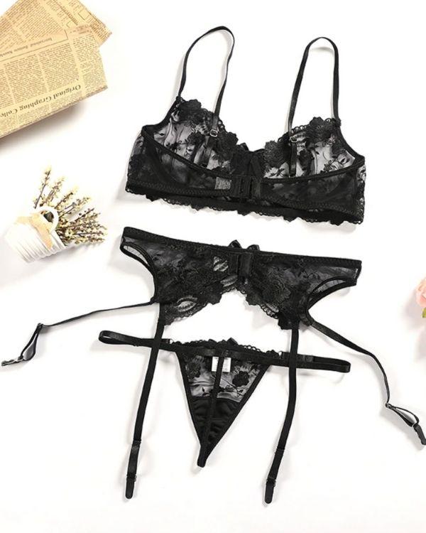 Schwarzes Lingerie Set Damen - Spitzen BH und Spitzen Tanga Unterhose - Strapsen Halterung zum einstellen