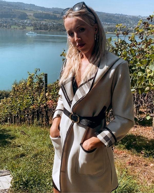 Beige elegante Damen Mantel Cardigan Uebergangsjacke mit Kapuze  und Gurt