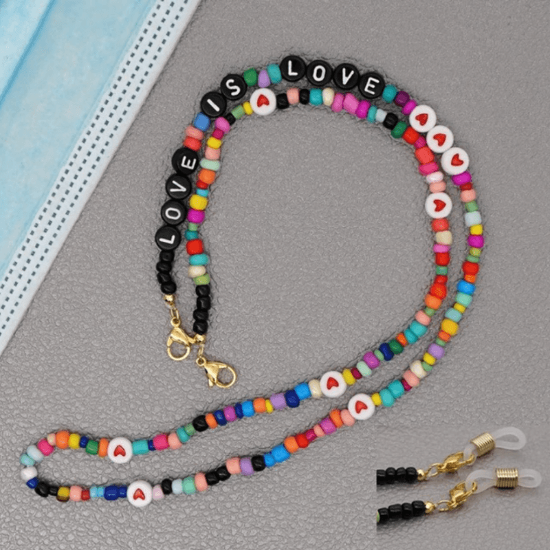 Maskenkette Brillenkette mit farbigen Perlen und LOVE Aufschrift