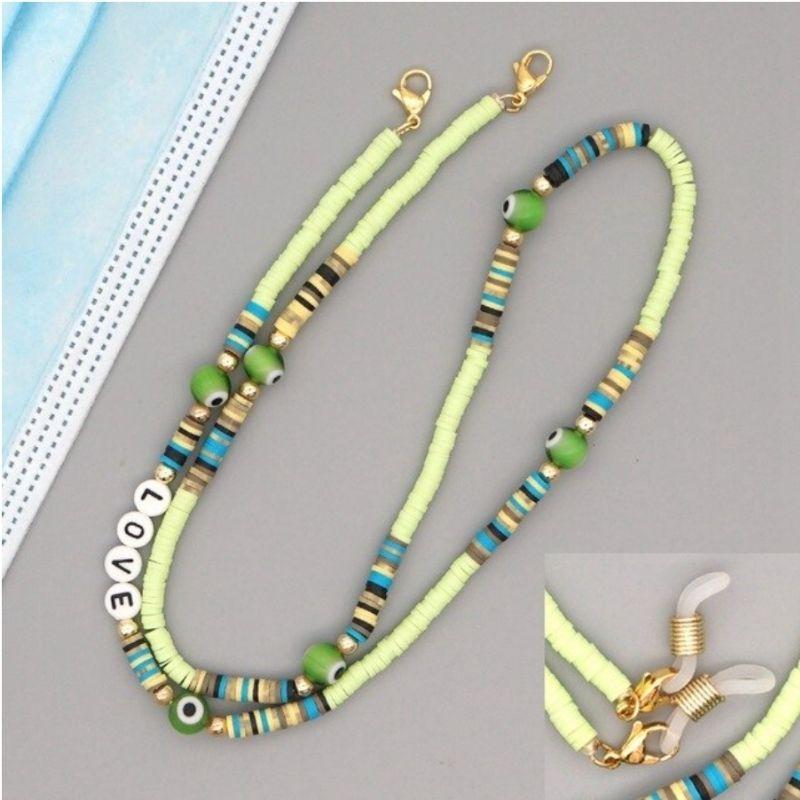 Grüne Farbige Perlenkette mit LOVE Perlen und Fatima Auge | Brillenkette und Maskenkette in Einem