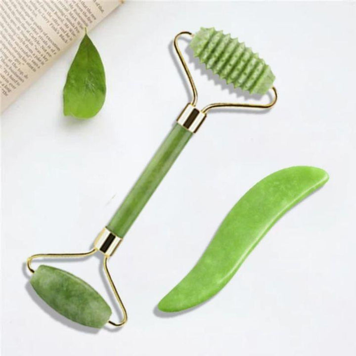 Gesichtsroller Massage Stein Jade Roller mit gerillter Rolle und Gua Sha Schaber - Quarz Stein Anti Aging Gesichtsmassage