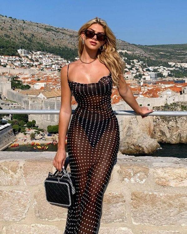 Schwarzes Elegantes Polka Maxi Kleid  mit weissen Punkten - Vintage Sommerkleid
