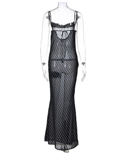 Schwarzes Bodenlanges Sommerkleid Mesh transparent mit weissen Punkten - Polka Damen Kleid Lang