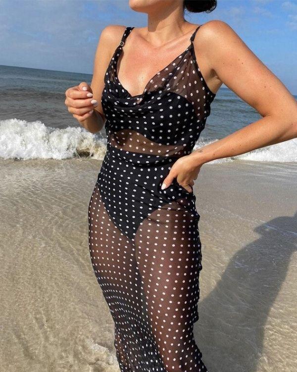 Elegantes Polka Kleid - Bodenlang und leicht transparent mit Spaghetti Traegern 