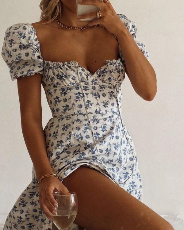 weiss blaues Damen Sommer Boho Kleid - Maxikleid Ruffle 