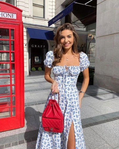 Langes Blau weisses Damen Kleid mit Rosen und Blumen Motiven