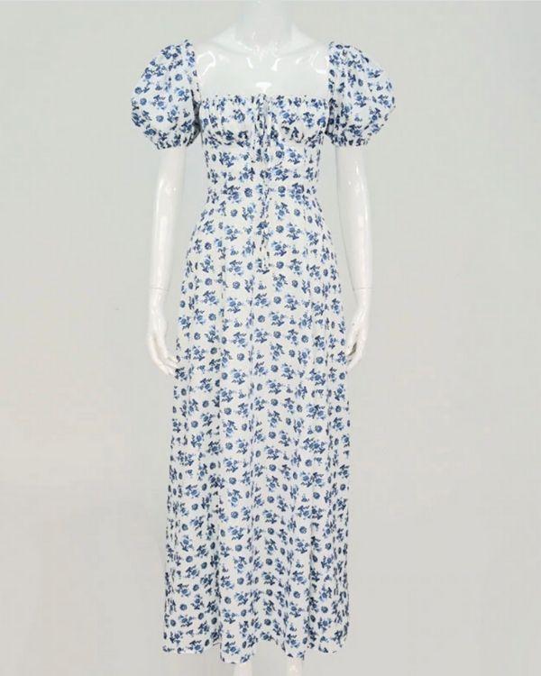 Weiss Blaues Damen Kleid - Langes Maxikleid Frauen - Boho Blumen Style Kleid
