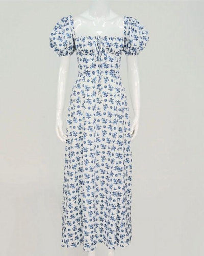 Weiss Blaues Damen Kleid - Langes Maxikleid Frauen - Boho Blumen Style Kleid
