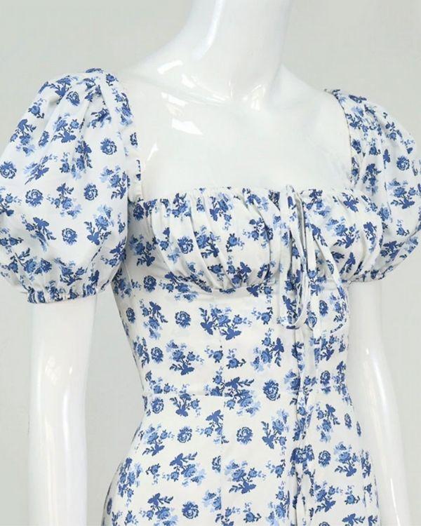 Blumen Damen Kleid Rosen weiss - blau - Boho Onlineshop