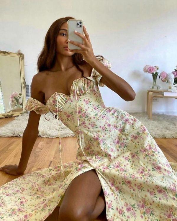 Boho Maxikleid mit Blumen Rosen Muster - Süsses verspieltes Damen Sommerkleid Schweiz 