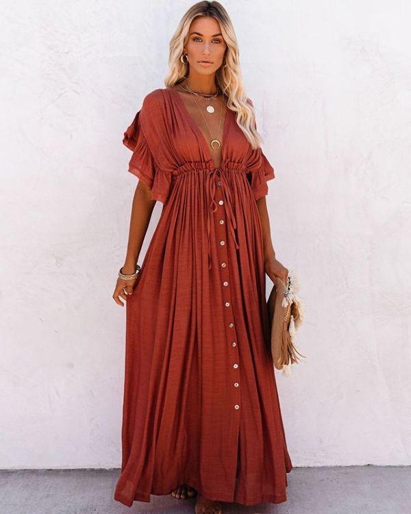 Boho Hippie Style Damen Kleid - Sommerkleid in lockerem Schnitt und mit Ruffeld Armen