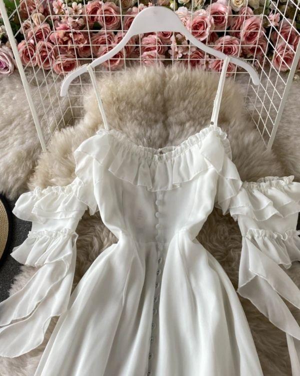 Langes Damen Sommerkleid Boho Chic Ruffeld Effekt und Schulterfrei 
