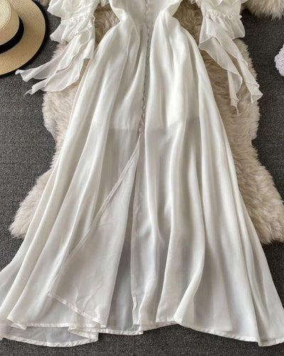 Weisses Maxikleid mit Schleier - Schulterfreies Ruffeld Kleid