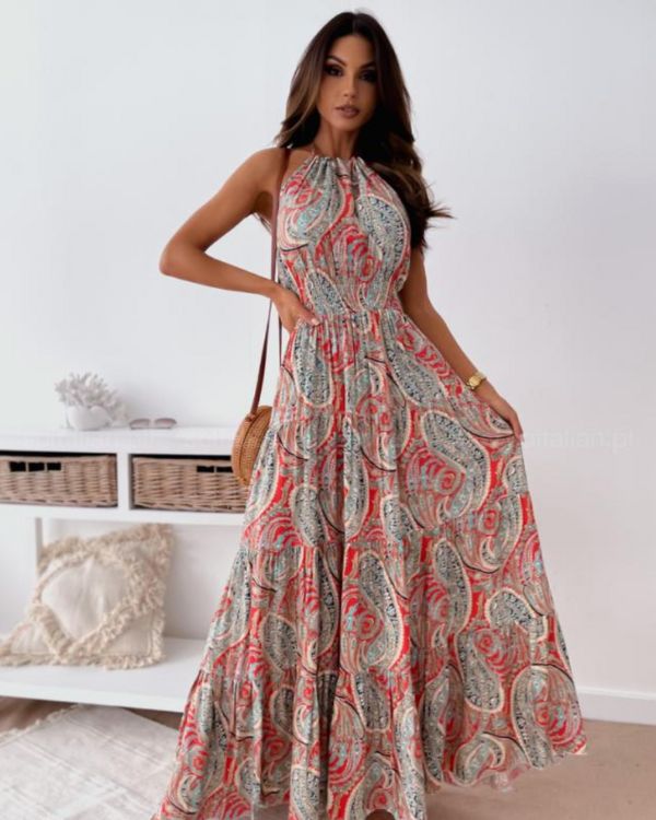 Maxikleid Paisley bodenlang Sommerkleid grau rot gemischt