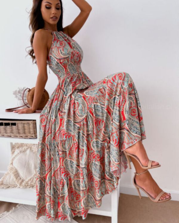 Langes Damen Maxikleid mit Paisley Muster - Sommerkleid rot grau gemischt