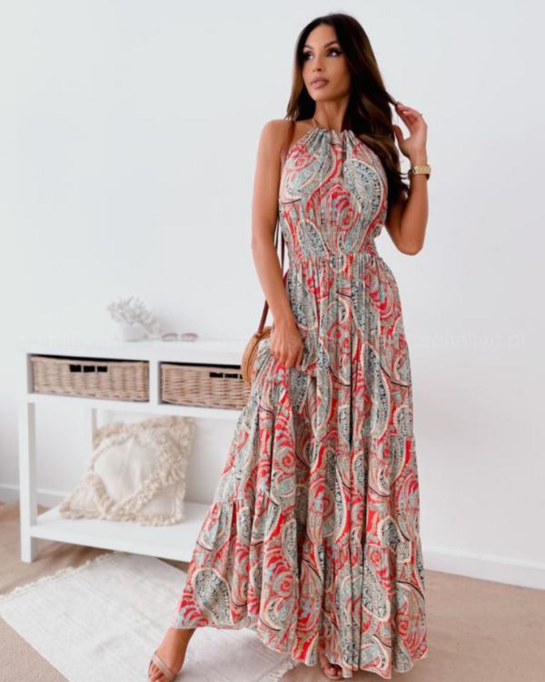 Grau Rotes Paisley Maxikleid Damen Kleid bodenlang