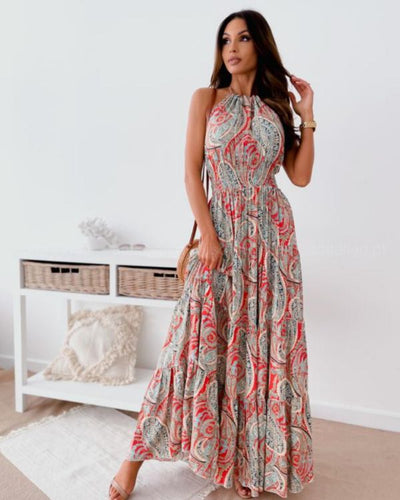 Grau Rotes Paisley Maxikleid Damen Kleid bodenlang