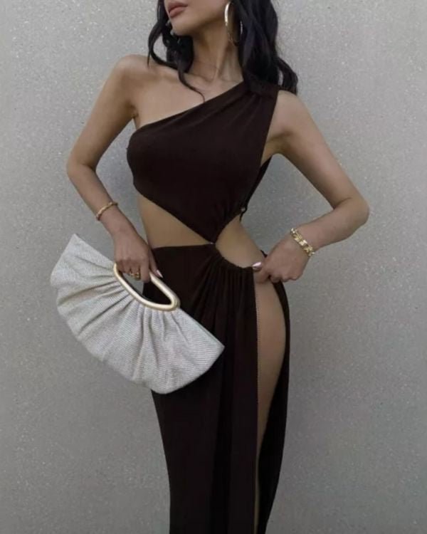 Schwarzes Bodenlanges Damen Kleid mit Cut-Outs und One-Shoulder - Sehr elegantes und heisses Kleid 